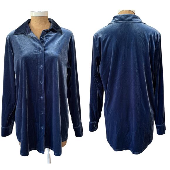 Soft Surroundings Legion Blue Velvet Boyfriend Tunic Shirt Women's Medium EUC - Picture 2 of 10